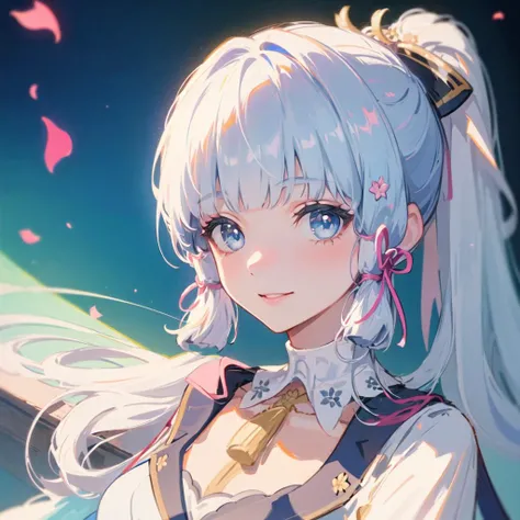 (masterpiece, best quality, ultra-detailed, best shadow), (beautiful detailed face, 1girl, solo), high contrast, (best illumination, an extremely delicate and beautiful), depth of field, soft lighting, absurdres, look at the viewer, kamisato ayaka \(flawless radiance\), (light blue hair, ice blue eyes, cute face, long hair), kamisato ayaka, ponytail, kote, kusazuri, blunt bangs, hair ribbon, red ribbon, (white wedding dress)<lora:kamisatoAyakaSpringbloom_v10:0.6>, medium breasts, day, flower, colorful, hyper detail, dramatic light, intricate details, liptick, smile, sitting