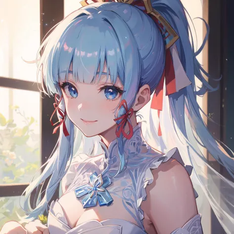(masterpiece, best quality, ultra-detailed, best shadow), (beautiful detailed face, 1girl, solo), high contrast, (best illumination, an extremely delicate and beautiful), depth of field, soft lighting, absurdres, look at the viewer, kamisato ayaka \(flawless radiance\), (light blue hair, ice blue eyes, cute face, long hair), kamisato ayaka, ponytail, kote, kusazuri, blunt bangs, hair ribbon, red ribbon, (white wedding dress)<lora:kamisatoAyakaSpringbloom_v10:0.6>, medium breasts, day, flower, colorful, hyper detail, dramatic light, intricate details, liptick, smile, sitting