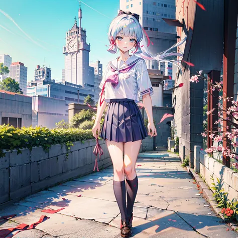 <lora:kamisatoAyaka:1>, masterpiece, absurdres, 1girl, solo, ponytail, kamisato ayaka \(heytea\), kamisato ayaka, serafuku, outdoors, building, sky, blunt bangs, hair bow, hair ribbon, red ribbon, school uniform, sailor shirt, sailor collar, pleated skirt, black bow, light blue hair, grey eyes, bag, cowboy shot, full body