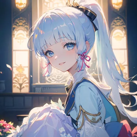 (masterpiece, best quality, ultra-detailed, best shadow), (beautiful detailed face, 1girl, solo), high contrast, (best illumination, an extremely delicate and beautiful), depth of field, soft lighting, absurdres, look at the viewer, kamisato ayaka \(flawless radiance\), (light blue hair, ice blue eyes, cute face, long hair), kamisato ayaka, ponytail, kote, kusazuri, blunt bangs, hair ribbon, red ribbon, (white wedding dress)<lora:kamisatoAyakaSpringbloom_v10:0.6>, medium breasts, day, flower, colorful, hyper detail, dramatic light, intricate details, liptick, smile, sitting
