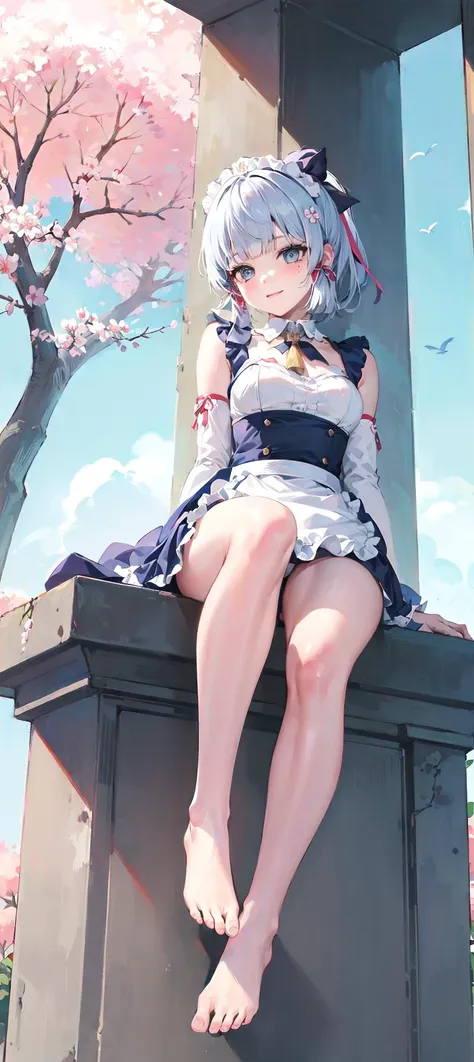 (masterpiece, 4k, best quality, highly detailed, 1girl, solo, small breasts, sakura trees, outdoors, close up, maid, maid apron, maid headdress, miniskirt, bare legs, bare shoulder, detached sleeves, sitting, full body, ass visible through thighs, from below), barefoot, blush, light smile, kamisato ayaka, blunt bangs, hair bow, hair ribbon, red ribbon, light blue hair, grey eyes, mole under eye, ponytail, <lora:kamisato ayaka:0.85>