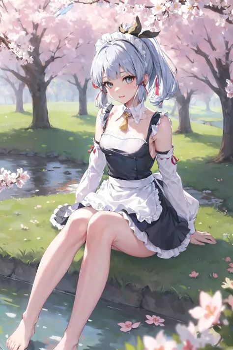 (masterpiece, 4k, best quality, highly detailed, 1girl, solo, small breasts, sakura trees, outdoors, close up, maid, maid apron, maid headdress, miniskirt, bare legs, bare shoulder, detached sleeves, sitting, full body), kamisato ayaka, blunt bangs, hair bow, hair ribbon, red ribbon, light blue hair, grey eyes, mole under eye, ponytail, <lora:kamisato ayaka:0.85>