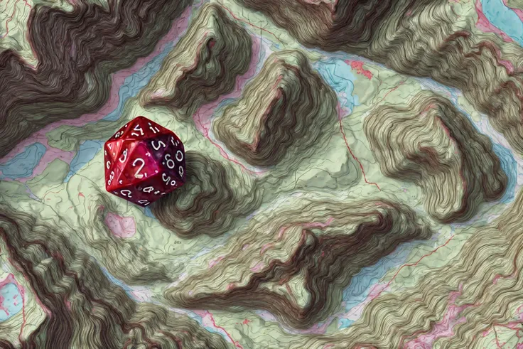 masterpiece, best quality, highres, 8k, <lora:Topography:1.2> topography map of a (d20 dice shaped structure:1.3), mountain range, forest, lake <lora:redice-concept-richy-v1:0.6> redice, red theme