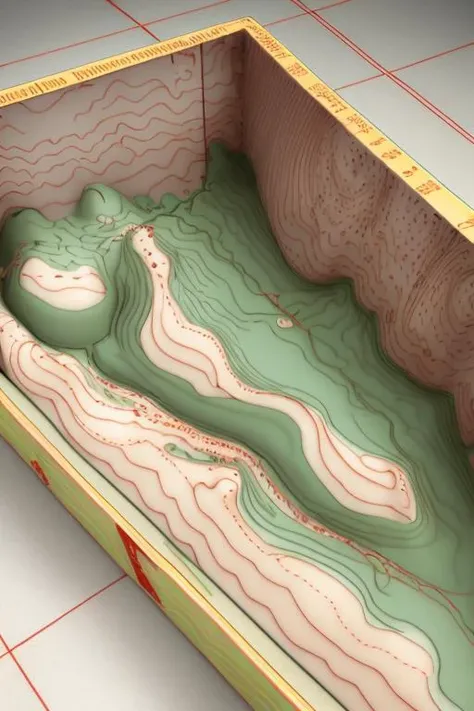 Tiny cute isometric topography map, hills, river, dam, roads, isolines, depth, <lora:Topography:1> in a cutaway box, soft smooth lighting, soft colors, 100mm lens, 3d blender render