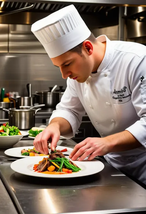 A photo of a chef in a busy kitchen, captured in a moment of concentration as they plate a dish, highlighting the artistry and precision of their work, with the vibrant colors of the food standing out.,