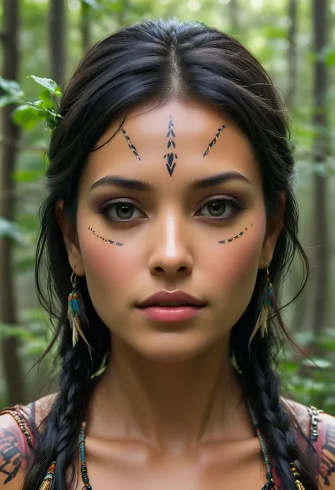 A fashion magazine photography of a proud Native American woman emerges from the forests with resilience and strength encased in every enchanting strand of ebony hair.