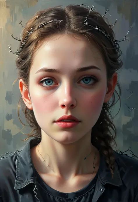 In the waning light of day, a solitary fairy-like figure is enshrouded in barbed wire, her delicate, translucent wings reflecting the last rays of the sunset. The wire, a lattice of sorrow, stretches from her, piercing through the city's heart, as if to draw out its hidden melancholy. Her eyes, pools of profound sadness, gaze wistfully at the sprawling urban scape, her ephemeral beauty a stark contrast to the enduring city structures. The scene is steeped in a haunting, cinematic atmosphere, with each barb on the wire catching the light to create a poignant tableau of light and shadow. The city, bathed in the twilight glow, mirrors her forlorn silhouette, each building telling its own tale of desolation. This moment captures the fragility of joy in the vast theatre of life, painting a portrait of a fairy connected to the world's sorrow, her transparency an echo of the fleeting nature of happiness