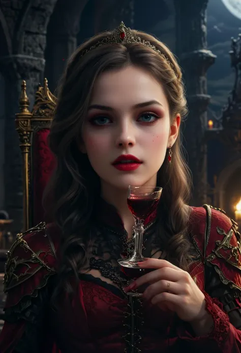 A young female vampire, beautiful, in a silver gown, holding a glass of wine in her hand. --auto --s2