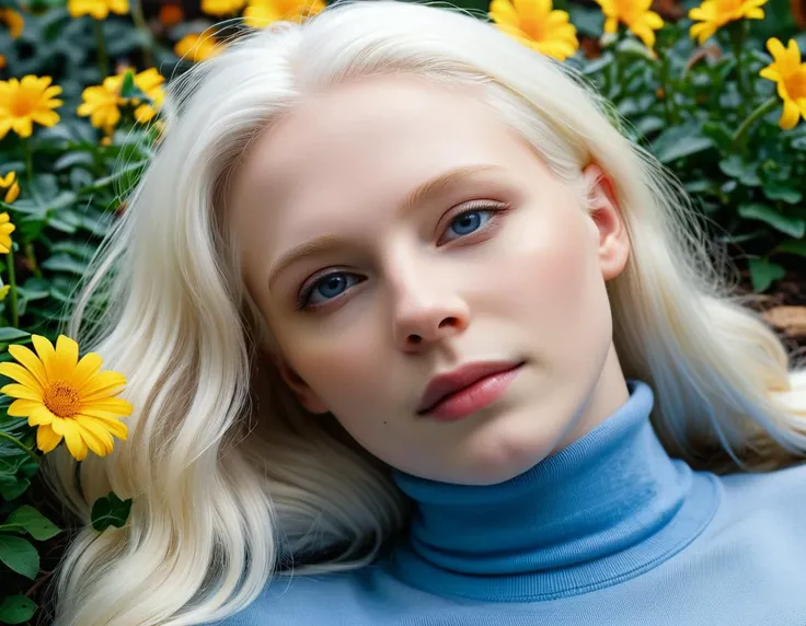 award winning photo macro shot of a beautiful albino young woman lying in a majestic yellow flowerbed, white hair, dynamic lighting, cinematic still, pale skin, screencap, skin texture, contemplative, smirk, piercing blue eyes, extremely long hair, sleek hair, portrait, dynamic pose, (blue turtleneck), 100mm f/2.8 macro lens,