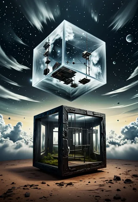 Bosch-style, a translucent cube traps eerie clouds, the starsscape warps, time distorts, surrealism reigns, stars, Glowing, sparkling