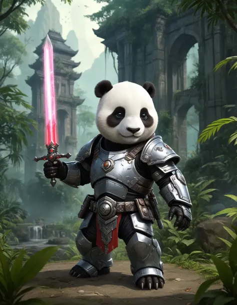 a super cute anthro humanoid male giant panda chibi knight, wearing mech armor, wielding glowing sword, helmet, fantasy jungle temple in background