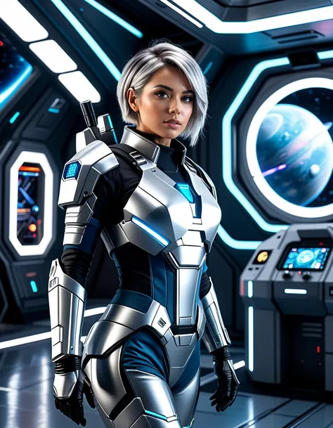 sci-fi style 4K quality, digital drawing mode, space bounty hunter-themed female character, short silver hair styled in a messy bob, wearing a sleek silver and blue armored suit with high-tech gadgets attached, holding a plasma blaster in one hand and a holographic tracker in the other, standing in a futuristic space station with planets visible in the background, radiant skin, confident and mischievous expression, full body, dynamic pose as she readies for a space chase, life size, perfect anatomy, detailed skin texture, full HD, 4K, HDR, perfect anatomy, depth of field., futuristic, technological, space themes, advanced civilizations, light leaks, lens flares