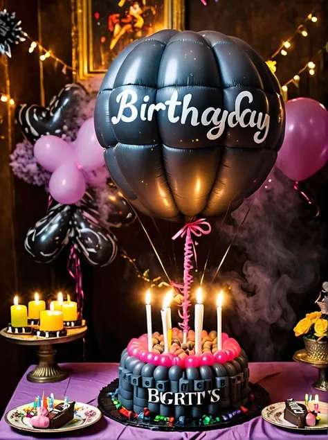 Fairy tale birthday party with balloon
balloon made of charcoal bricks as cake, 4 candles inside balloon with smoke mist, clockwork dynamite bomb
reflecting photographer in ballon surface, function of advent wreath
text on balloons that reads "Birthday" . Magical, fantastical, enchanting, storybook style, highly detailed