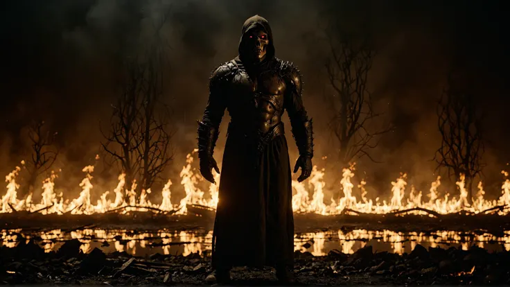 An all powerful being, born of darkness, sits on a fiery throne in hell, while spirts sink in the lava pools around him, the man on his throne wears black armor, his flesh melting down his face, his body afflicted by sickness and infections, his skin is melting, he screams in pain, his arms now skeletal