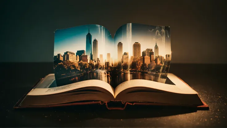 designed by Bill Medcalf, photograph, shoulder-level shot of a Emotionally Charged "The Book of [Hope|Tranquility] ", Surprising, short lighting, HDR, Polaroid, Depth of field 270mm, Ektachrome, cityscape, <lora:Double_Exposure:1> ((double exposure))