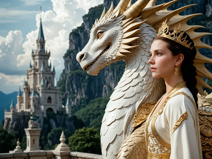Shot on Kodak Vision3 500T film with a 35mm Panavision PSR camera and a Panavision Ultra Speed Prime 50mm f/1.2 lens, this captivating filmstill captures the Childlike Empress from "The NeverEnding Story" standing alongside the majestic Luck Dragon, Fuchur, before the iconic ivory tower. Fuchur, with his luminous white scales and hair and gentle demeanor, embodies a sense of ancient wisdom and protective presence. The Empress and Fuchur share a moment of silent communication, their bond evident as they stand together in the magical realm of Fantasia. The ivory tower, reaching skyward with intricate carvings and shimmering spires that seem to touch the clouds, dominates the background. Its walls bear the echoes of countless tales and the weight of centuries, exuding an aura of mystery and enchantment that beckons viewers to explore its timeless corridors and hidden chambers. The combination of the Empress, Fuchur, and the awe-inspiring ivory tower creates a scene that encapsulates the magic and wonder of "The NeverEnding Story," inviting viewers to embark on a journey through the fantastical world of Fantasia.
