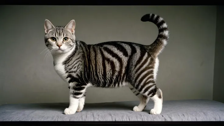 photograph, award winning, full body shot of a Cute (American Shorthair Cat:1.1) with Spandex tail, Sharp and in focus, HDR, Kodak Ektachrome E100, F/2.8, Grayscale, (designed by Brian De Palma:1.3) , cinemascope, <lora:Dark realism:1> dark realism