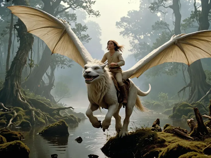In the iconic scene from "The NeverEnding Story," shot on Kodak Vision3 500T film with a 35mm Panavision PSR camera and a Panavision Ultra Speed Prime 50mm f/1.2 lens, Atreyu, the young strong warrior with long hair, is flying through the air atop his faithful Luck Dragon, Fuchur, through the mystical landscape of Fantasia. The duo traverses the breathtaking terrain of the Swamps of Sadness, where the air is thick with melancholy and treacherous waters threaten to engulf them. As Atreyu gazes ahead with determination and Fuchur soars through the misty air, the scene captures a moment of bravery and resilience in the face of adversity, embodying the spirit of courage and perseverance found throughout the timeless tale of "The NeverEnding Story."