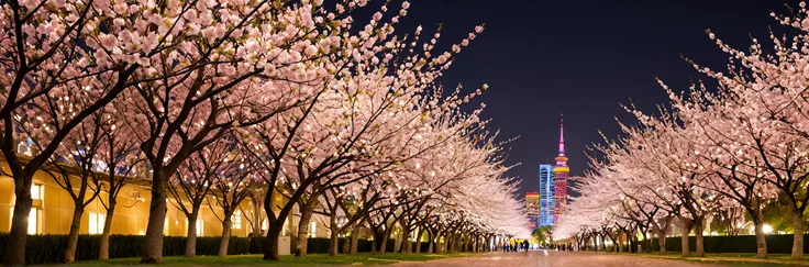 photograph, sharp and in focus, bokeh, High Shutter Speed, Canon 5d mark 4, Samsung Galaxy, Joyful, Colorful in front of a warm small modern city in the style of a mix between Santiago Calatrava and Rem Koolhaas , and Breathtaking Cherry blossom tree, spotlit, four colors