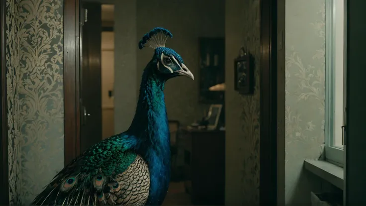 photograph, Capricious Peacock, Intense Apartment in background, Movie still, Relaxed, Fashwave, film camera, 35mm, <lora:Dark realism:1> dark realism