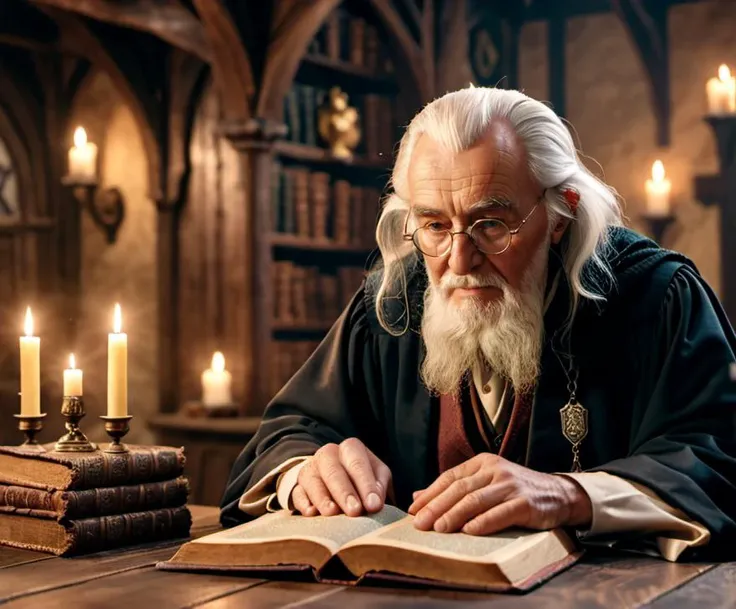 cinematic photo foto, realistic, hyper detailed
old wise man with book of magic
old wooden hogwards table in background . 35mm photograph, film, bokeh, professional, 4k, highly detailed