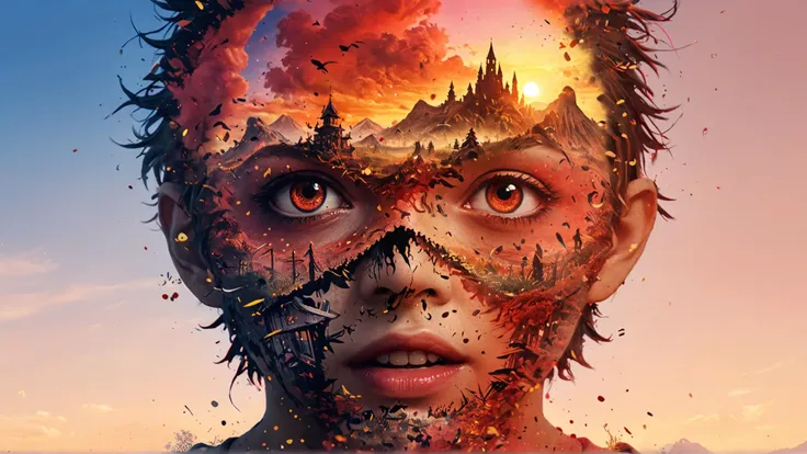 [ (stylized by Takashi Murakami:0.8) and Moyoco Anno::13], anime key visual, nature, Dutch angle shot of a [Cyborg:Detailed:3] ("The Kingdom of Terror":1.3) , at Golden hour, Realistic, Satisfying, Primary Colors, Crimson dust particles, <lora:Double_Exposure:1> double exposure