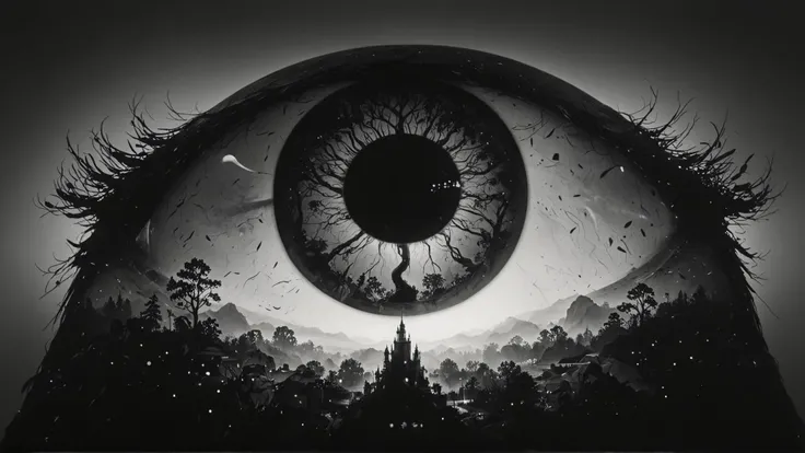 ((double exposure)) , art by Eyvind Earle and (Walt Disney:0.7) , photograph, "The Eye of Future", at Twilight, Cinestill, Ilford HP5, telephoto lens, <lora:Double_Exposure:1> ((double exposure))