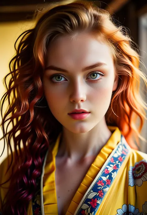 Modelshoot (Candid 1.3) photo of a vivacious 28-year-old polish supermodel, fullbody view, Striking eyes, voluminous wavy red hair, coy expression, lipgloss, wearing intricately detailed Yellow Kimono, looking at viewer, (upper body shot:1.5) Natural lighting, shot using a Leica T in the style of (Daniel Jackson:1.3) High detail, intricate, detailed face, detailed eyes, detailed skin, Shallow Depth of Field, Rustic Background,