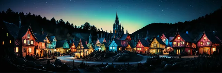 photograph, hard light, Lomography Color 100, Starlight, side lit, HDR, in front of a fantasy village in the style of Colored Paper painting , rossdraws global illumination and global illumination vibrant colors and Gaussian Blur and Chromatic Aberration and Swirl Bokeh , , fluid H.R. Giger , , Depth of field 270mm