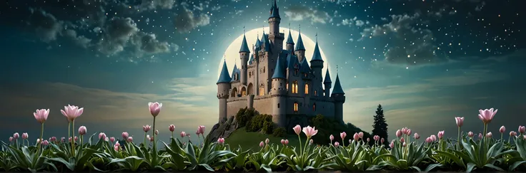 photograph, Moonlight, psychedelic colors, outside of a dreamy mysterious small castle  in the style of fantasy painting  , godrays and soft lighting Bokeh Panorama and Motion Blur , , intricate Chris Van Allsburg ,  and Flower Bulb, 1940'S and Sparse, moody lighting
