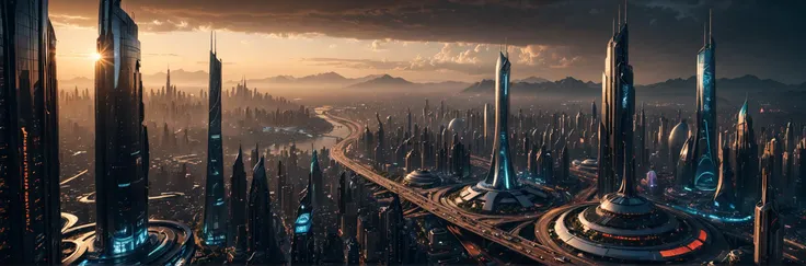 stylized by Adrian Donoghue, octane render, landscape of a sprawling futuristic city, ((idyllic)) , masterpiece, at Dusk, dramatic lighting, four colors, RAW photo, scene, <lora:Dark realism:1> dark realism