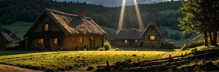 Direct light, sharp, focussed, Cinestill, Cinestill, Canon RF, Dramatic spotlight, in front of a mysterious village in the style of Pointillism painting , sunbeam Radial Blur , , detailed Michael Whelan , , short lighting, Awe