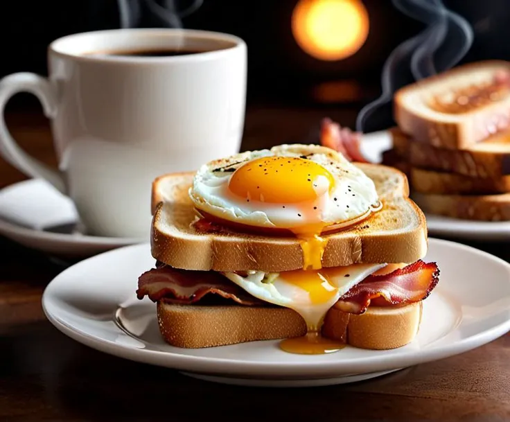 cinematic photo foto, realistic, hyper detailed 
egg, toast and bacon, coffee cup steam  . 35mm photograph, film, bokeh, professional, 4k, highly detailed