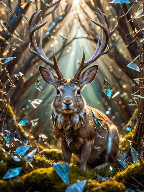 kaleidoshatter, award winning photograph of a magical jackalope with whimsical nature in wonderland, whimsical, fantasy art concept, steampunk, intricate details, best quality, masterpiece, ultra sharp, hyper realistic, realism <lora:kaleidoshatter_xl_v1:0.9> scattered in pieces