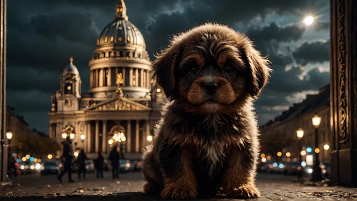 art by Abbas Kiarostami, photograph, Fluffy (Puppy Dog:1.1) , Cartoony St. Isaac's Cathedral in background, Hurricane, Bokeh, Gloomcore, dynamic, Sony A9 II, F/1.8, CineColor, fairy tale, stylized, artstation, extremely detailed CG Unity 8k wallpaper, elaborate, dreamy, <lora:Dark realism:1> dark realism