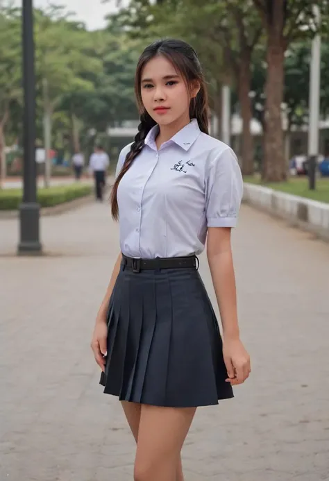 1 Girl, Beautiful, Baby Face, 20 Years Old, White Skin, Cleavage,, ((Indonesian High School Uniform)), ((muscles:1.0)), City Outdoor, Grey Hair, Laugh, Hands Beside Hips Pose, Grey Twintailreastssize:1.3)), ((bokeh:1.3)), ((adorable:1.1)), ((masterpiece:1.1))