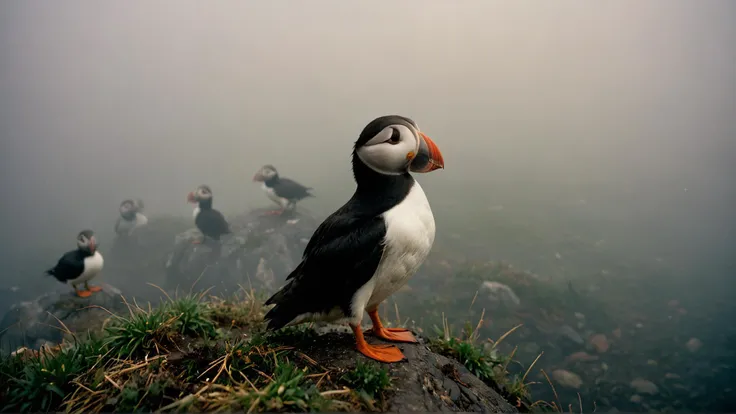 photograph, Puffin, Foggy conditions, Very wide view, art by Sergei Parajanov, Ethereal Lighting, Long exposure, Kodak Ektar 100, 80mm, <lora:Dark realism:1> dark realism