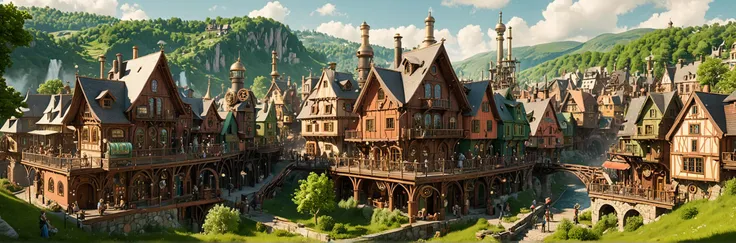 (stylized by Charles Ginner:0.8) and Eduard Gaertner, octane render, intricate details, landscape of a outside of a steampunk village in the style of Bjarke Ingels , , Awe-Inspiring and Exquisite, Spring, 800mm lens, 8K, colorful