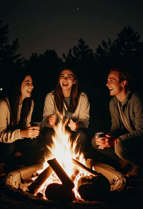 A candid photo of a group of friends laughing together around a campfire at night, capturing the warmth of the firelight on their faces and the genuine happiness of shared moments.,