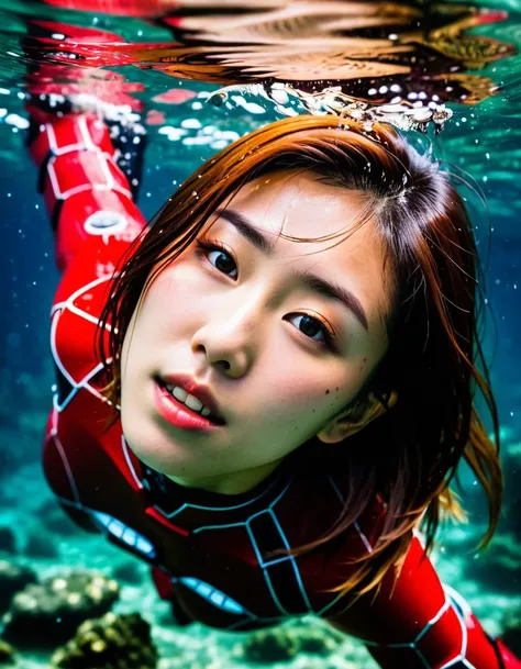 A beautiful japanese girl floats up from beneath the waves, (Enhanced Bionicles, F/1 Photo RAW)