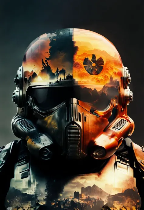 orangeblack, vaultboystyle, double exposure, doubleexposurestyle, power armor helmet, nuclear wasteland scene, atomic bomb, symmetrical,