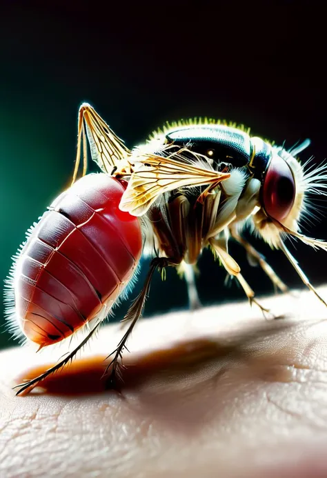 Capture a mesmerizing still life photograph showcasing a magnificently designed steampunk mosquito latched onto the back of a human hand, drawing blood. Utilize extreme close-up techniques paired with macro photography to emphasize the minute yet complex mechanical components comprising the insect's structure, offering viewers a rare glimpse into its inner workings. For added depth and realism, incorporate microscopic imagery illustrating individual cells and capillaries interacting with the minuscule proboscis. Steeped in Jules Verne-inspired aesthetics, this fantastical creature comes alive through exceptional attention to detail, brilliant 8k resolution visuals, crisp clarity, deep contrast, and lush color palettes, resulting in a truly unique masterpiece worthy of admiration.