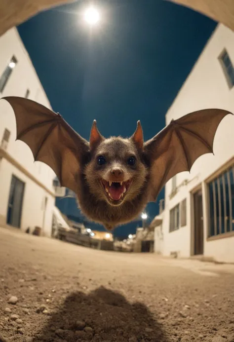 a bat takes a selfie in lunar colony terrace, in the style of fisheye effects, funny mood, strong facial expression, wimmelbilder, tilt shift, intricate details, 8k.