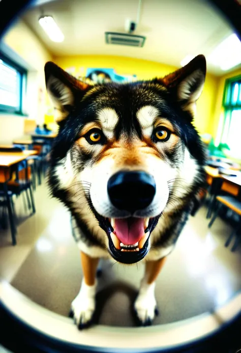 a wolf takes a selfie in school classroom, in the style of fisheye effects, funny mood, strong facial expression, wimmelbilder, tilt shift,
