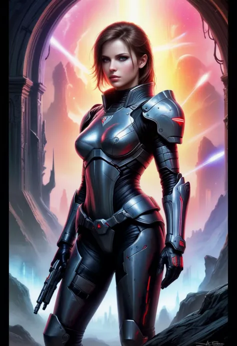 (Commander Shepard) gigantic in fantasy background, Charm, neon pastel, by Luis Royo, best quality