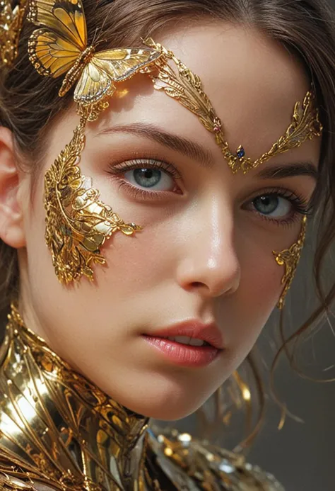 photo, 8k portrait of beautiful cyborg with brown hair, intricate, elegant, highly detailed, majestic, digital photography, art by artgerm and ruan jia and greg rutkowski surreal painting gold butterfly filigree, broken glass, (masterpiece, side lighting, finely detailed beautiful eyes: 1.2), hdr, realistic, high definition