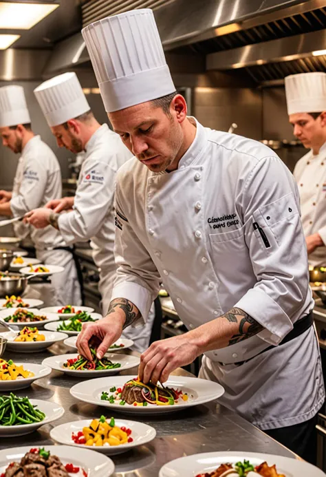 A photo of a chef in a busy kitchen, captured in a moment of concentration as they plate a dish, highlighting the artistry and precision of their work, with the vibrant colors of the food standing out.