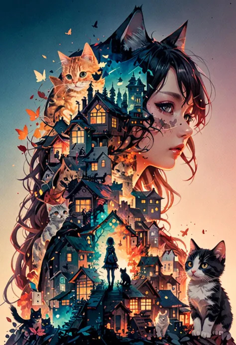 no scars to your beautiful kitten" double exposure collage art illustration, silhouette art, fantasy, hdr, vibrant, surrealism, hyperdetailed, hypermaximalist illustration, art by Anime Key Visual, Japanese Manga, Pixiv, Zerochan, Anime art, Fantia