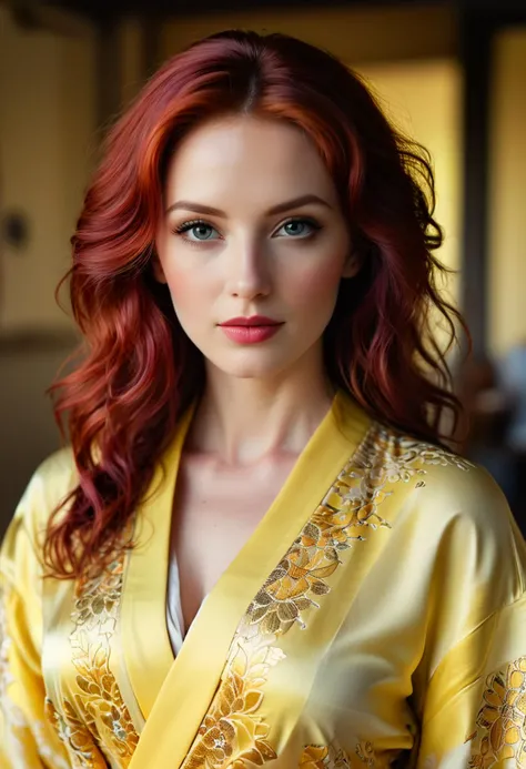 Modelshoot (Candid 1.3) photo of a vivacious 28-year-old polish supermodel, fullbody view, Striking eyes, voluminous wavy red hair, coy expression, lipgloss, wearing intricately detailed Yellow Kimono, looking at viewer, (upper body shot:1.5) Natural lighting, shot using a Leica T in the style of (Daniel Jackson:1.3) High detail, intricate, detailed face, detailed eyes, detailed skin, Shallow Depth of Field, Rustic Background,