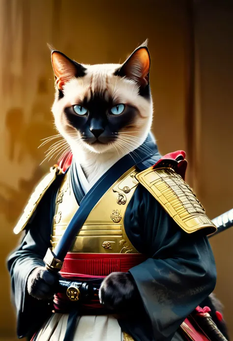 inkpunk, anthropomorphic Siamese Cat Samurai, (samurai armor:1.2), Japanese painting style, holding a katana, cinematic lighting, golden ratio, perfect composition, elegant, no crop, 4k, sharp focus, masterpiece, backlight, cinematic, highly detailed, extremely colorful, vibrant, dark, moody lighting